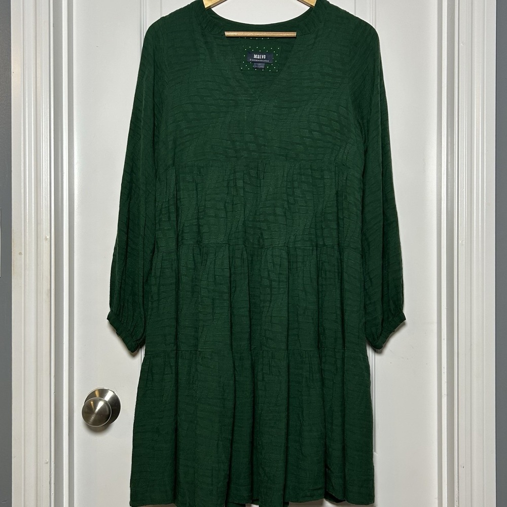 Maeve Anthropologie Emerald Green Long Sleeve Tiered V-Neck Babydoll Mini Dress